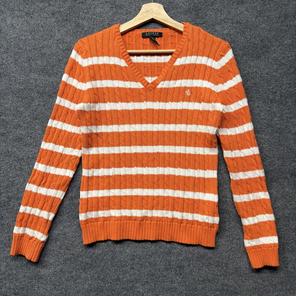 Lauren Ralph Lauren Pullover Sweater Women M Orange Cable Knit V Neck Preppy